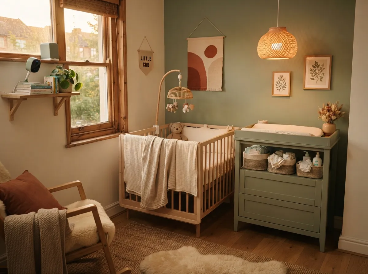 Coin de chambre de bébé avec lit en bois, table à langer et paniers rangés