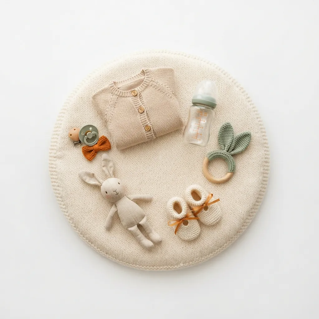 Layette, biberon en verre, hochet en bois et chaussons posés en rond sur une couverture crème