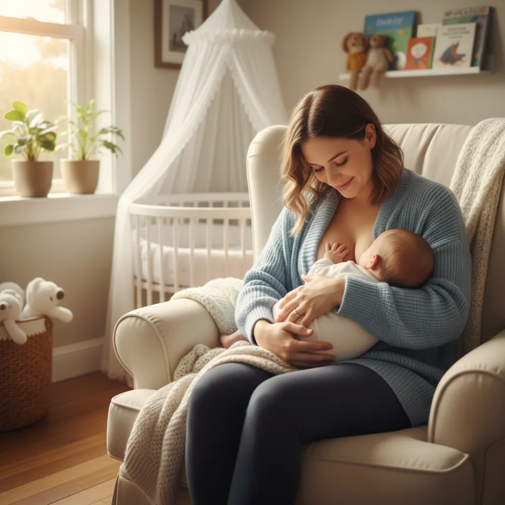 Mère allaitant son nouveau-né dans un fauteuil confortable avec lumière naturelle