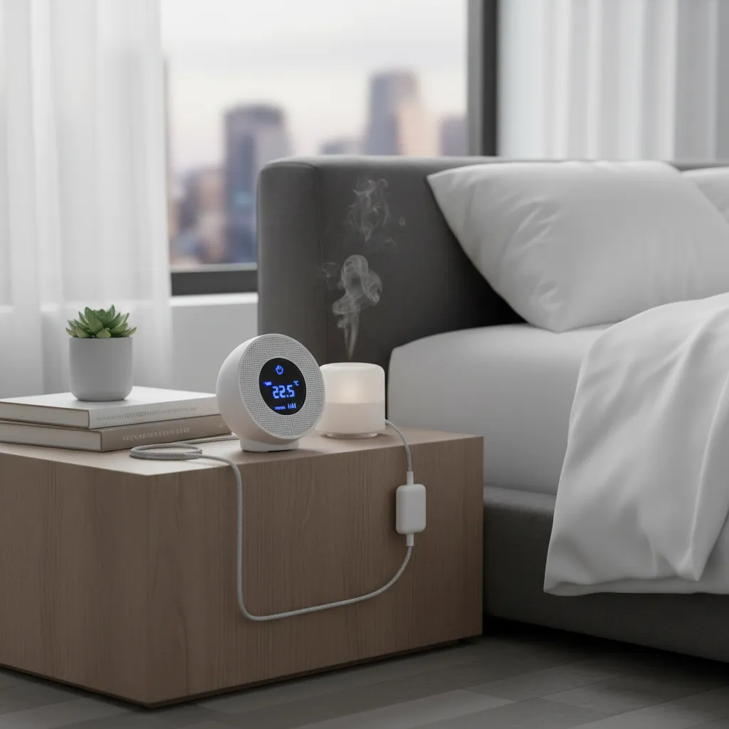 Babyphone audio posé sur une table de chevet dans une chambre moderne