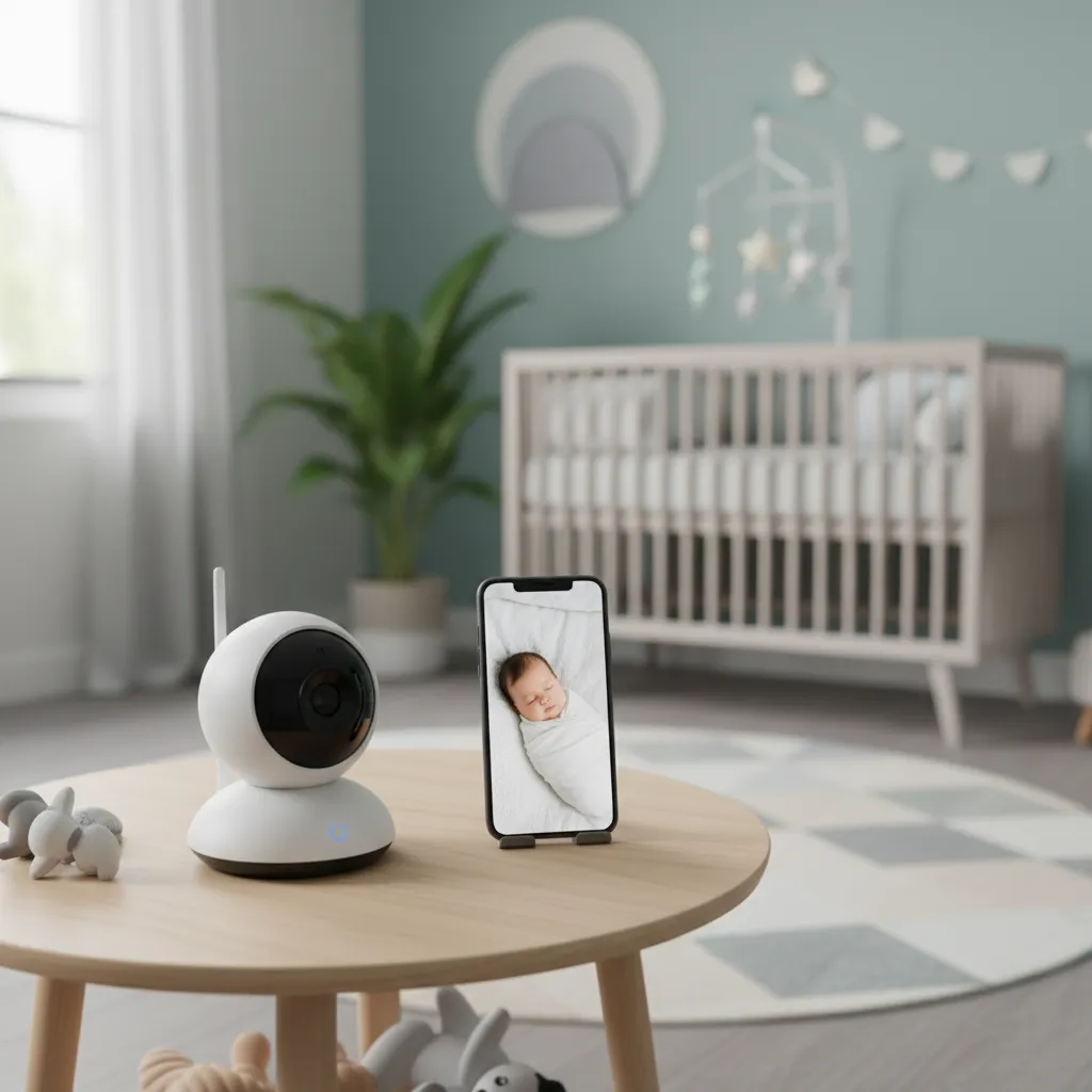 Babyphone connecté et smartphone affichant la vidéo dans une chambre de bébé moderne