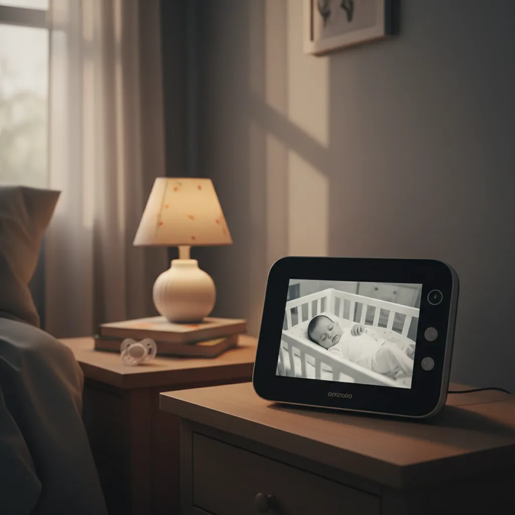 Babyphone vidéo posé sur une table de chevet dans une chambre faiblement éclairée