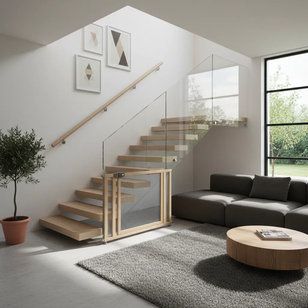 Barrière de sécurité installée en haut d'un escalier dans une maison