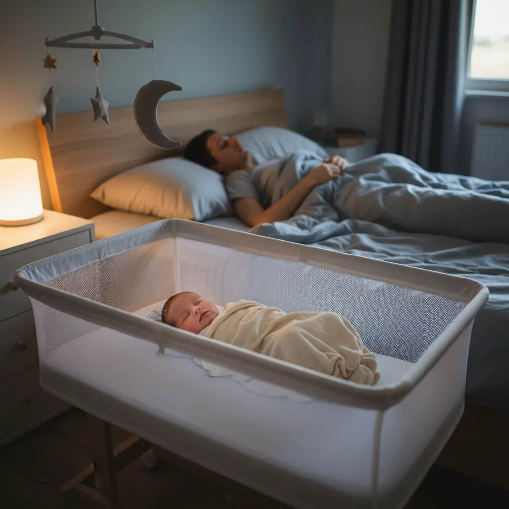 Bébé dormant paisiblement dans un berceau cododo à côté du lit parental