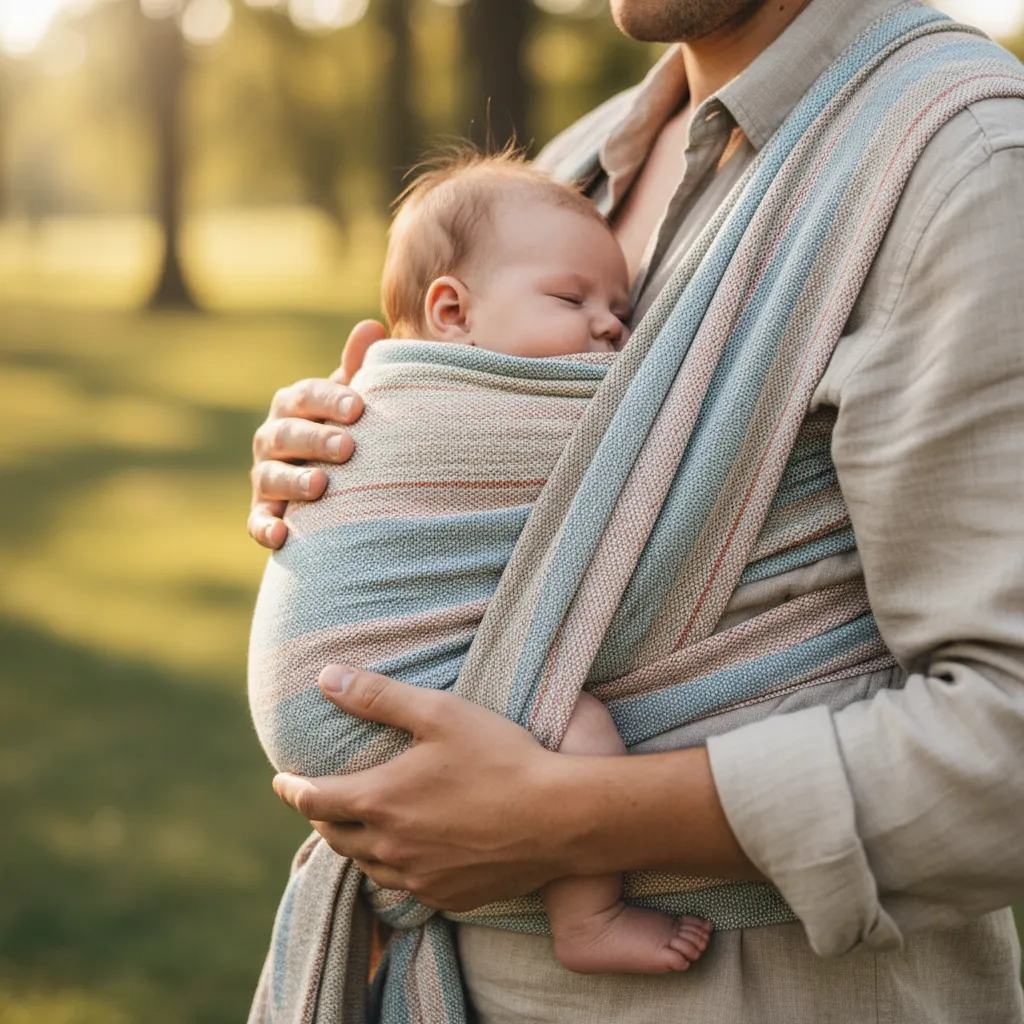 Bébé porté en écharpe de portage dans une position physiologique