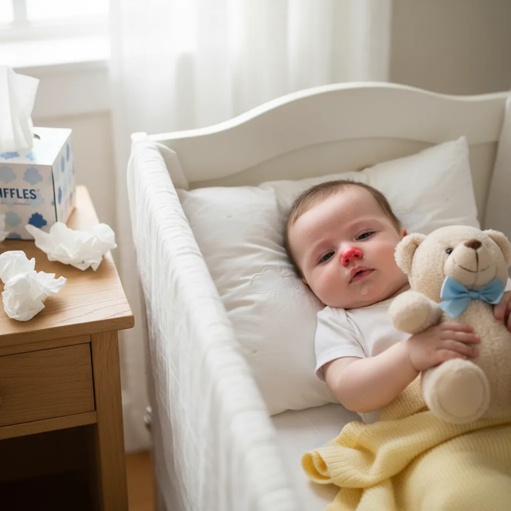 Bébé enrhumé avec le nez bouché allongé sur un lit