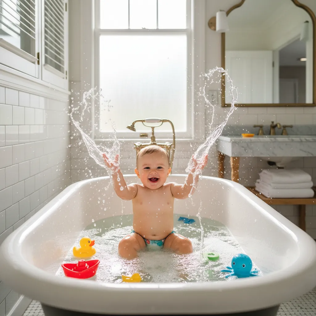 Bébé assis dans une grande baignoire jouant avec des jouets de bain