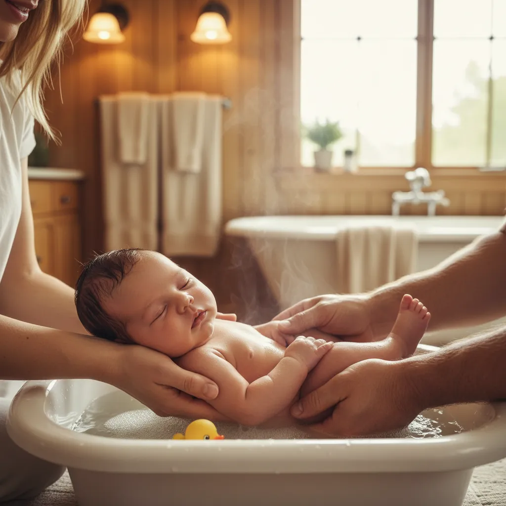Bébé dans une petite baignoire avec les mains du parent qui le soutiennent délicatement