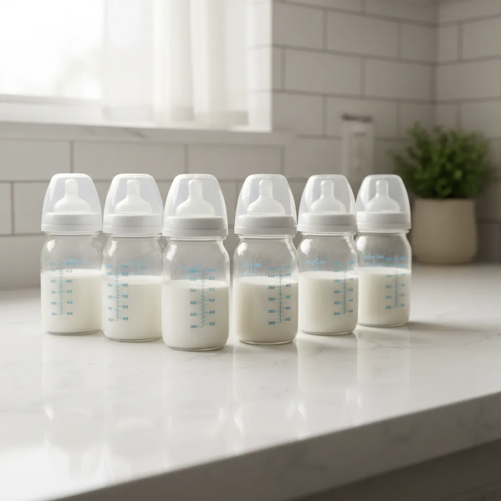 Biberons en verre pour bébé posés sur un plan de travail
