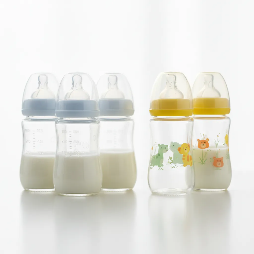 Biberons en verre et en plastique côte à côte sur une surface blanche