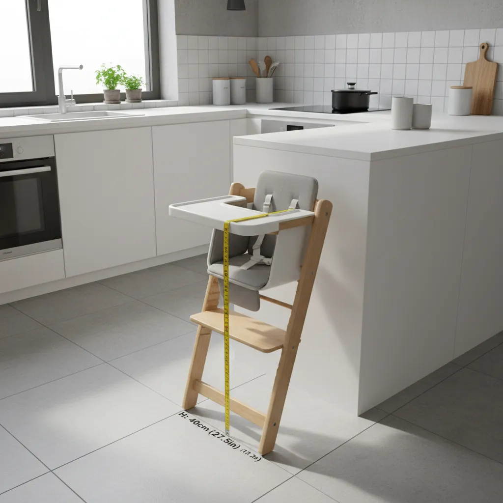 Chaise haute compacte dans une petite cuisine avec mètre ruban montrant les dimensions au sol