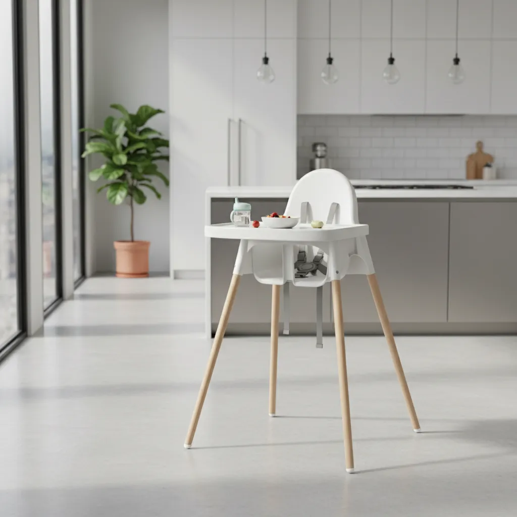 Chaise haute pour bébé avec harnais de sécurité et base stable dans une cuisine moderne