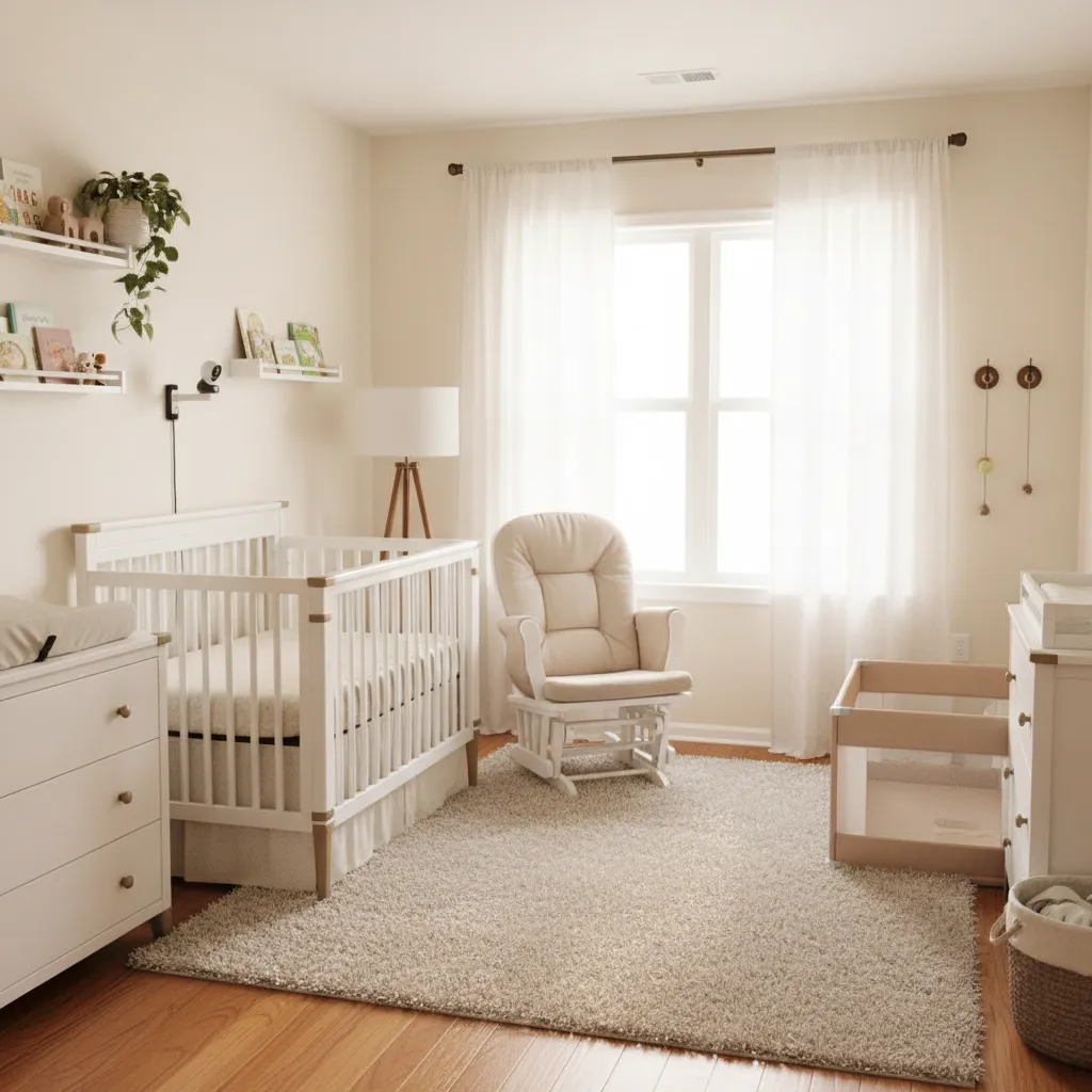 Chambre de bébé sécurisée avec meubles fixés et équipements de sécurité