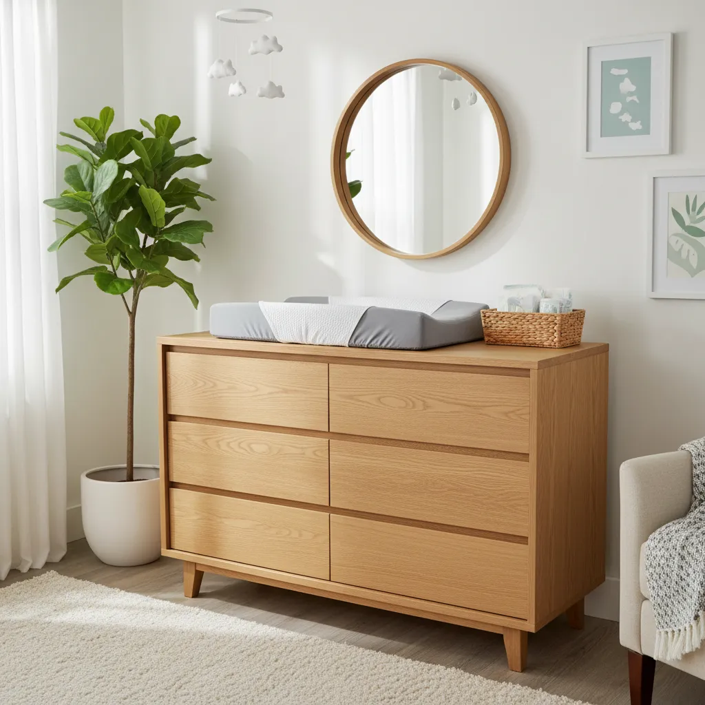 Commode en bois avec plan à langer amovible dans une chambre de bébé lumineuse