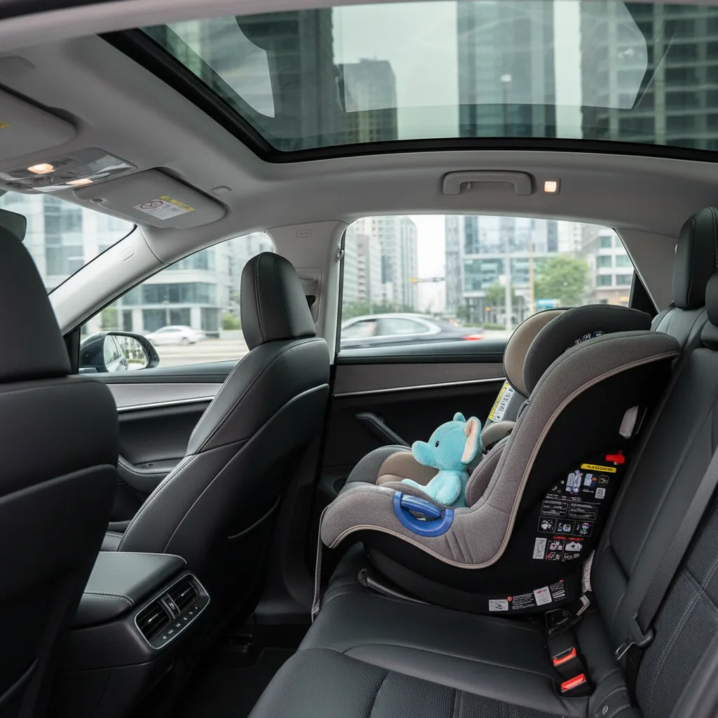 Coque bébé installée dos à la route dans une voiture