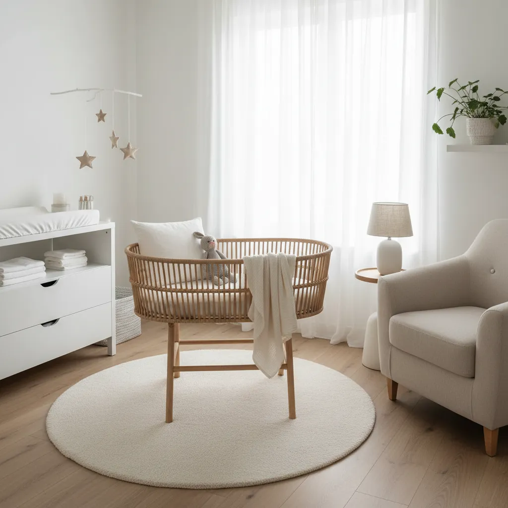 Couffin en osier dans une chambre de bébé lumineuse