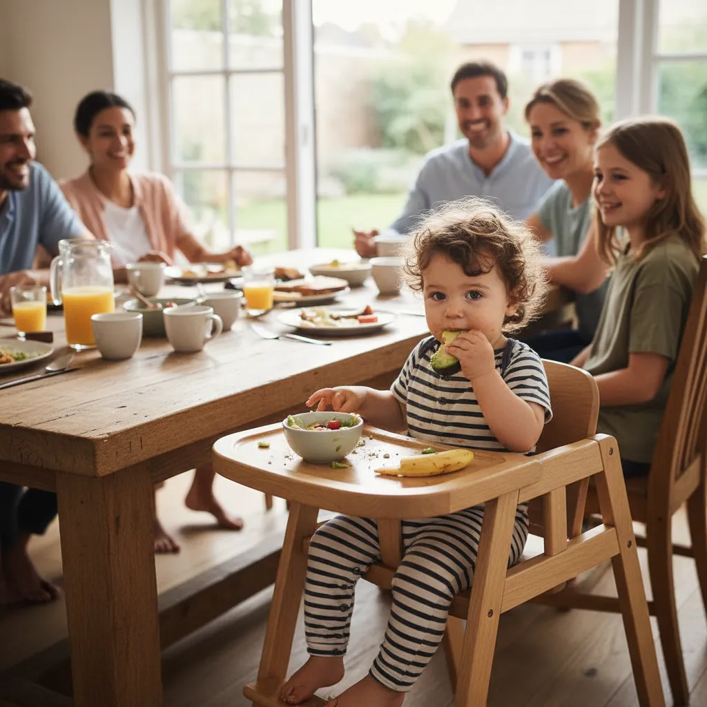 Enfant en bas âge installé dans une chaise haute évolutive en bois à table