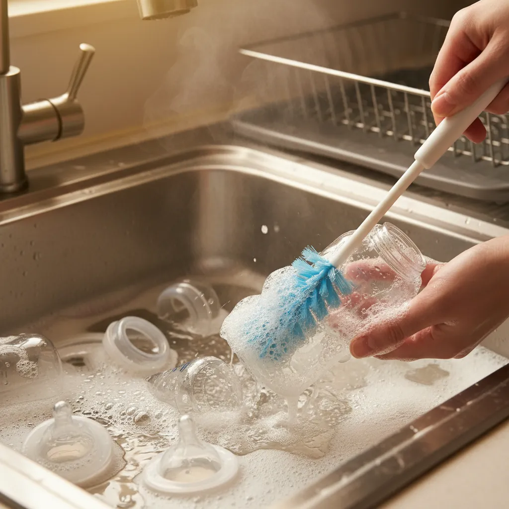 Biberons lavés à l'eau chaude savonneuse avec goupillon dans un évier