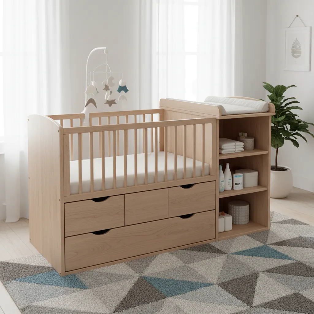 Lit évolutif combiné avec table à langer et rangements dans une chambre de bébé moderne