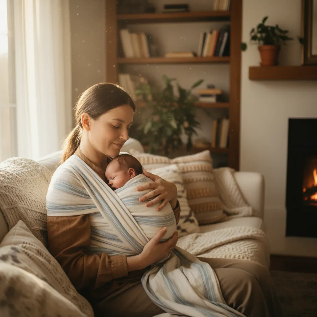 Parent portant son bébé dans une écharpe de portage à la maison