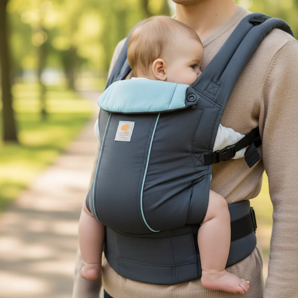 Bébé installé dans un porte-bébé ergonomique en position physiologique