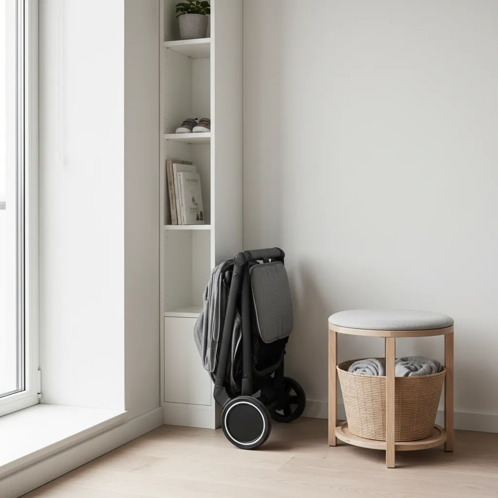 Poussette compacte pliée dans un petit appartement urbain