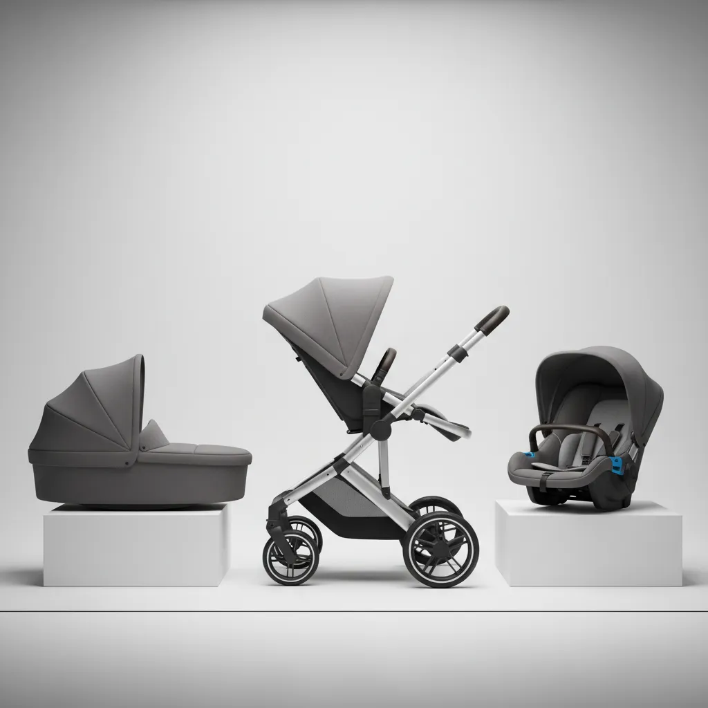 Poussette trio avec châssis nacelle et hamac disposés séparément