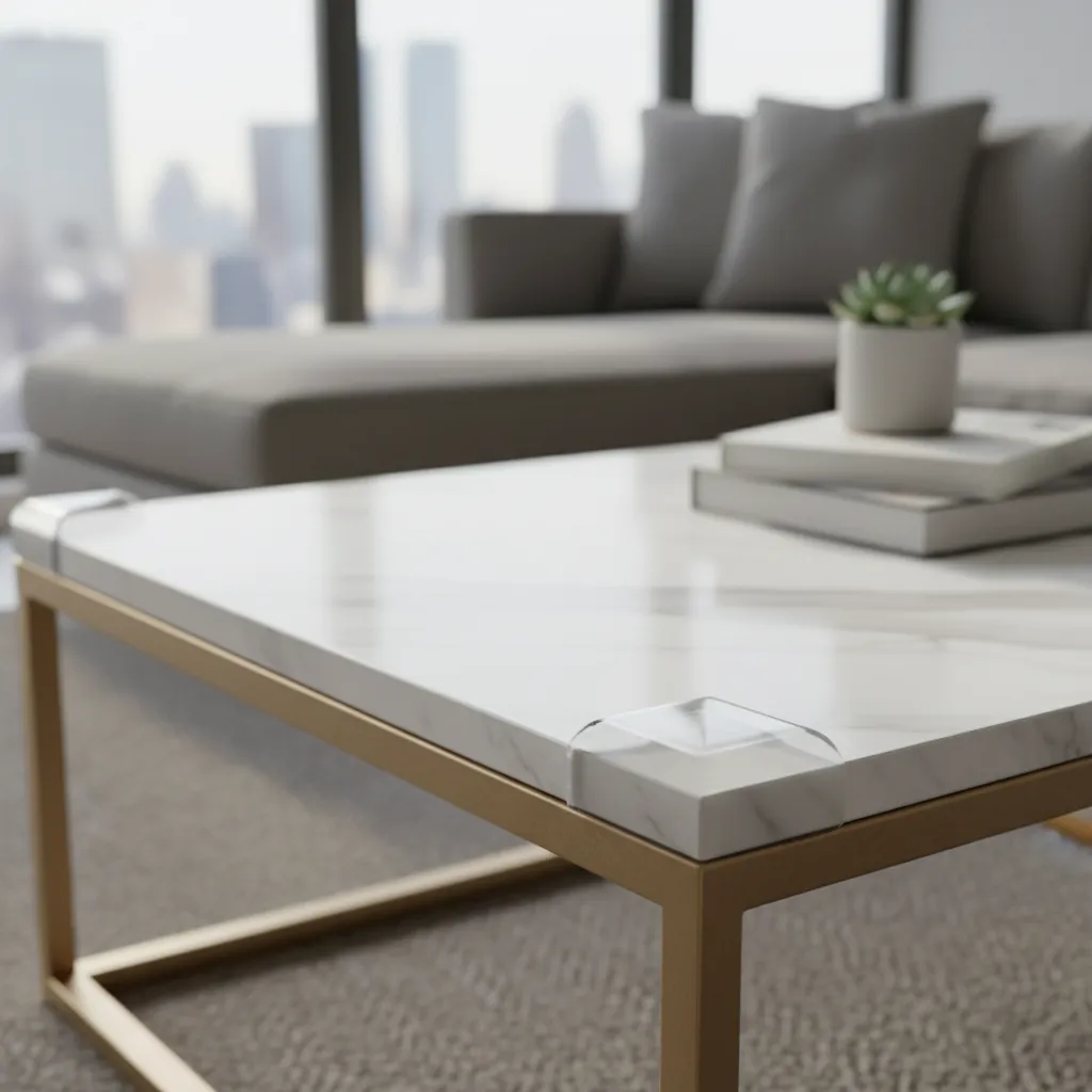Protections de coins transparentes en silicone installées sur une table de salon
