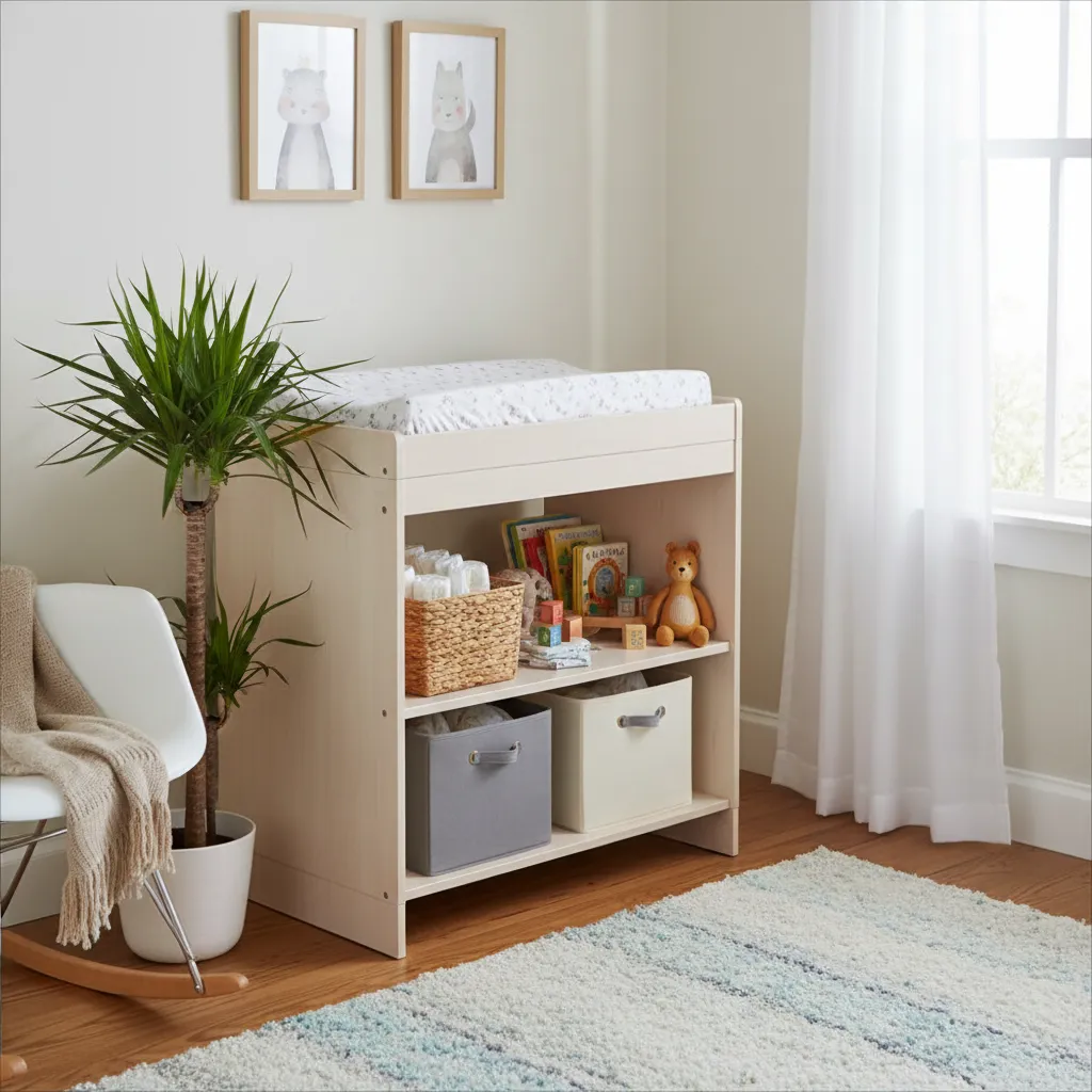 Table à langer fixe avec rangements dans une chambre de bébé lumineuse