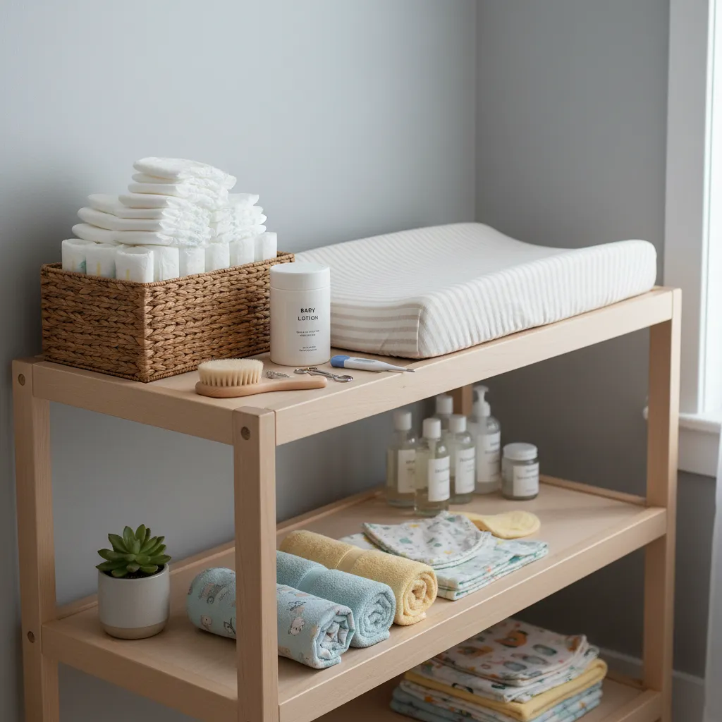 Table à langer bien organisée avec couches rangées et produits de soin