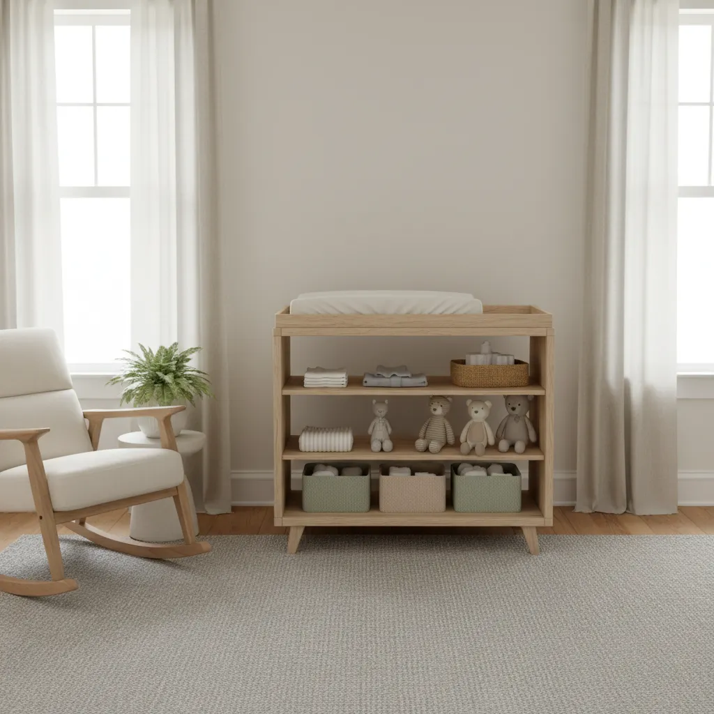 Table à langer avec rangements dans une chambre de bébé épurée