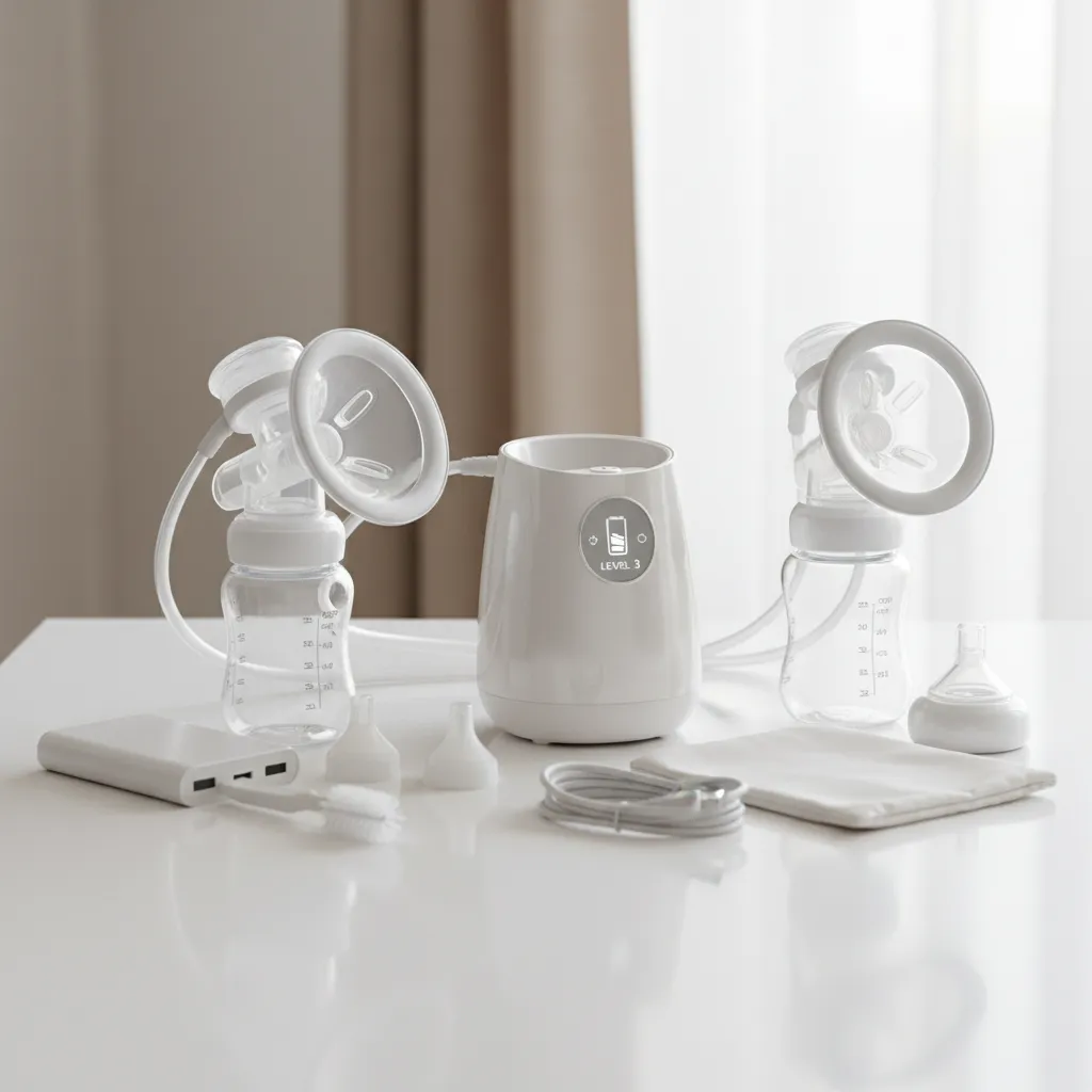 Tire-lait électrique avec kit d'accessoires posé sur une table