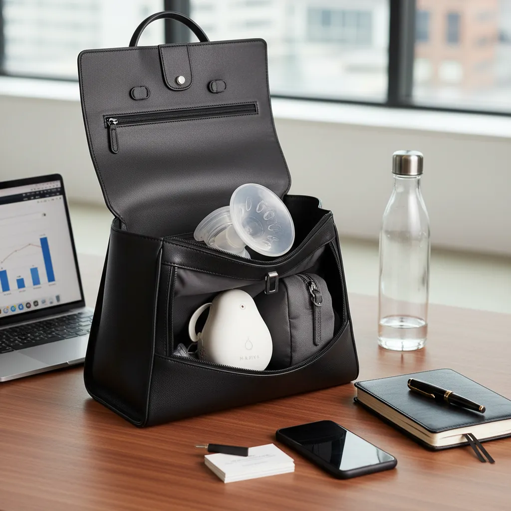 Tire-lait compact rangé dans un sac professionnel avec ordinateur portable