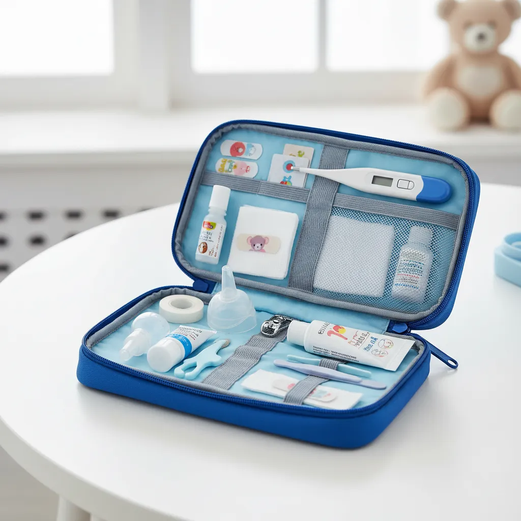 Trousse de premiers soins pour bébé avec matériel médical organisé