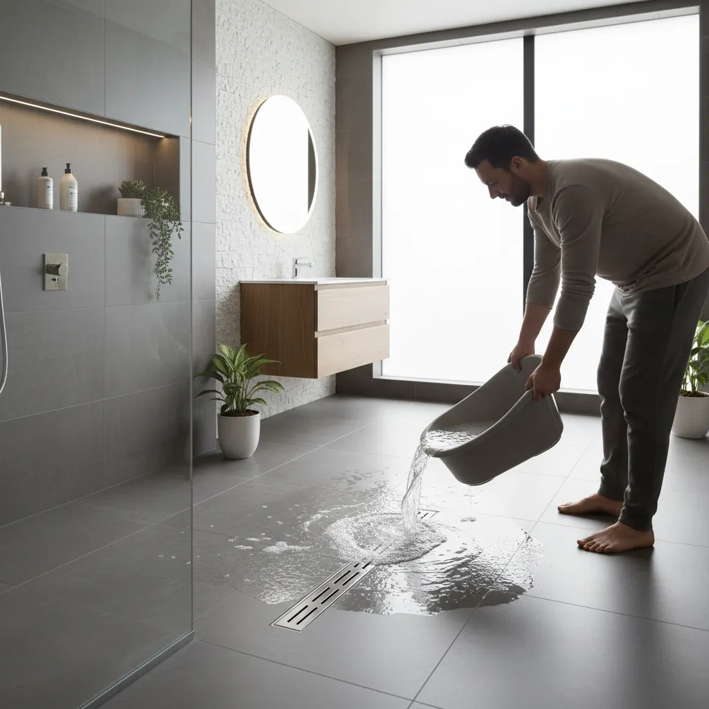 Parent vidant l'eau d'une baignoire bébé dans une douche